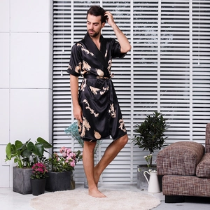 Men's black silk satin robe with golden dragon pattern and elegant waist tie belt