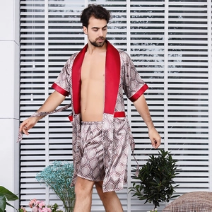 Men's silk satin bathrobe set with geometric patterns and red contrast trim