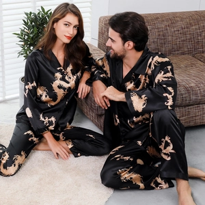 Chinese Style Dragon Print Satin Pajamas For Men Women Long Sleeve Button Down Sleepwear Loungewear Couple Home Clothes