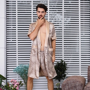 Men's champagne silk pajama set with vintage patterns, short sleeve robe and shorts