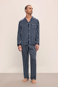Navy blue striped men silk pajamas set with long sleeves and elegant white piping detail