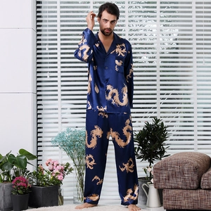 Men's silk satin pajama set in navy blue with golden dragon patterns and long sleeves