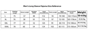 Detailed size chart for men's long sleeve silk pajamas showing L to XXXL measurements