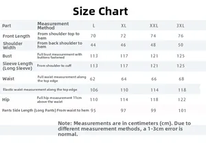 Detailed size chart for men silk pajama set with measurements from L to 3XL sizes