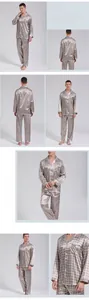 Detail view of camel silk satin men pajamas featuring geometric pattern and button-up design