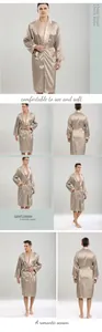 Detailed views of men's khaki checkered silk-like robe with long sleeves and belted waist