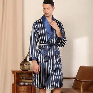 Men's navy silk satin striped bathrobe with shawl collar and belted waist for loungewear