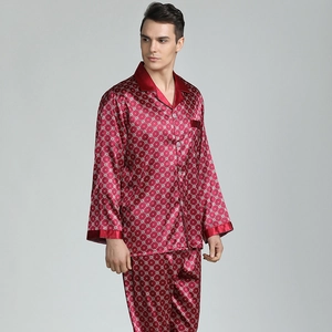 Men's dark red ice silk pajamas set with white geometric patterns and long sleeves