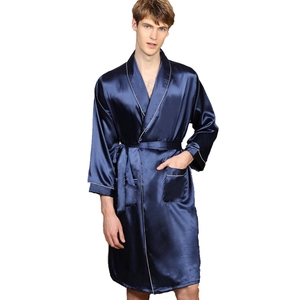 Navy blue men's satin silk bathrobe with long sleeves and white contrast piping detail