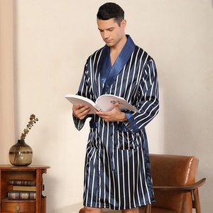 Men's navy silk pajama robe with white vertical stripes and satin shawl collar for lounging