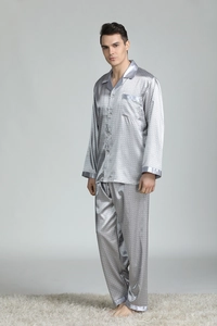 Men's silver-grey faux silk pajama set with geometric texture and satin trim detailing