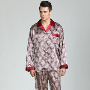 Men's ice silk pajama set with vintage paisley print and burgundy satin lapels