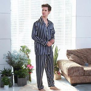 Men's navy silk-satin striped pajama set with long sleeves and button-down shirt