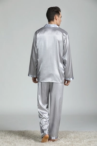 Silver grey men's silk satin pajamas set with geometric patterns and light grey trim details