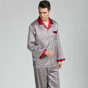 Men's ice silk pajama set with vintage geometric print and burgundy contrast trim
