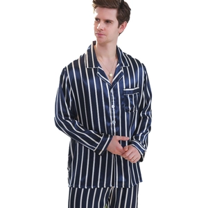 Men's navy blue silk-like striped pajama set with long sleeves and lounge trousers
