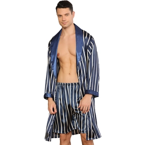 Men's silk satin striped pajama set with long sleeve robe and shorts in navy blue