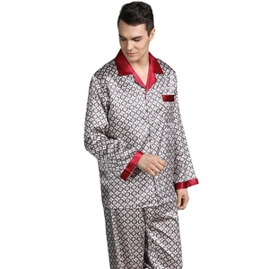 Men's luxury silk satin pajama set with long sleeves and geometric print pattern