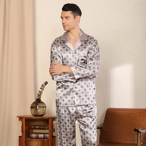 Luxury men's long-sleeve silk-satin pajama set with elegant geometric patterns