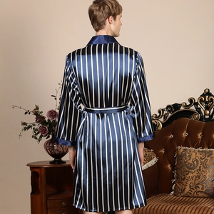 Men's luxury satin striped bathrobe in dark blue and white with long sleeves and waist belt