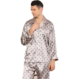 Men's silk satin pajama set with purple geometric print and button-down long sleeves