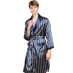 Men's silk satin long-sleeved bathrobe with classic navy blue and white stripes