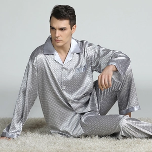 Men's silver-grey faux silk pajama set with geometric patterns and satin finish