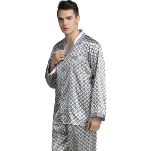 Men's silk satin long sleeve pajama set with retro geometric patterns and V-neckline