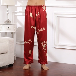 Men's dark red silk satin pajamas pants with luxury golden print and elastic waist