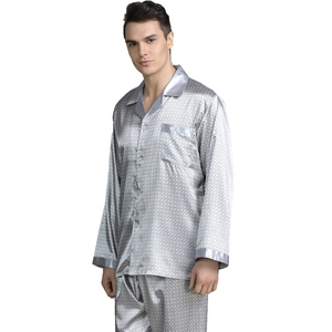 Men's silver satin long sleeve pajama set with geometric print and notched collar