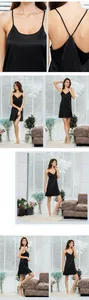 Détails d'une nuisette en satin noir avec décolleté en V et fines bretelles réglables
