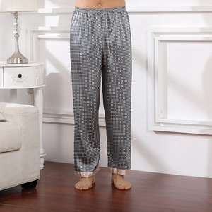 Men's grey silk satin pajama pants with geometric diamond print and elastic waistband