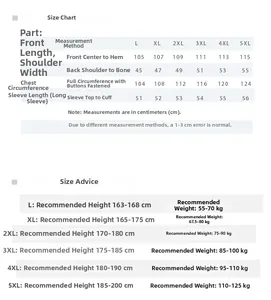 Detailed size chart for men's silk bathrobe showing measurements from L to 5XL sizes