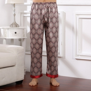 Men's luxury silk pajama pants featuring vintage red and grey geometric patterns