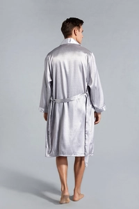 Rear view of men's silver silk bathrobe featuring subtle geometric textured patterns