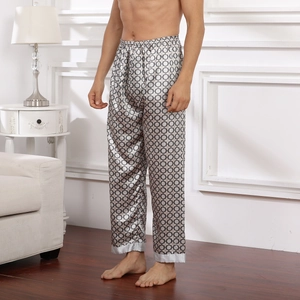 Men's silver silk satin pajama pants with geometric print and elastic waist