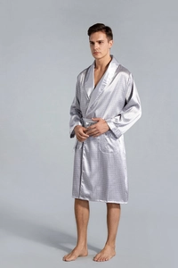 Detail of grey silk bathrobe showing the lapel collar and diamond jacquard texture