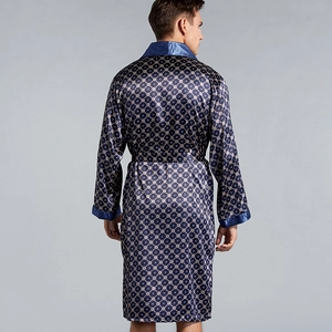 Men's navy silk-feel long sleeve robe with geometric pattern and satin trim detail