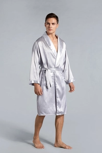 Detail of grey silk bathrobe with geometric patterns and satin trim on collar and pockets