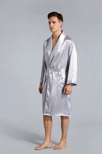 Detailed view of silver grey satin robe for men featuring geometric jacquard fabric pattern