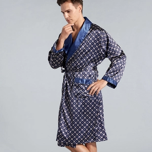 Men's navy silk-like robe with geometric diamond pattern and tie-waist closure