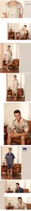 Detalle de pijama de satén azul marino para hombre con estampado geométrico y etiqueta