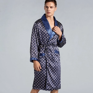 Men's deep blue silk-like satin robe with geometric diamond pattern and shawl collar