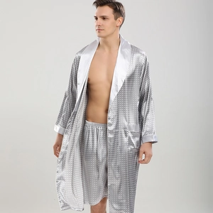 Ensemble de Pyjama en Satin pour Hommes Peignoir à Manches Longues Et Short Haut Et Bas Gris Argenté Imprimé Géométrique
