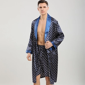 Men Luxurious Satin Silk Pajama Robe Geometric Print Long Sleeve Nightgown And Matching Shorts Homewear Pajamas
