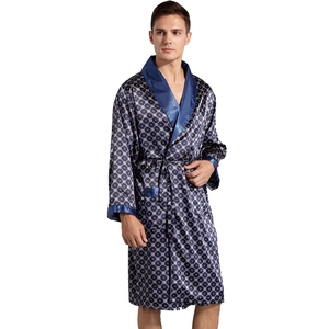 Men's dark blue silk satin bathrobe with geometric diamond pattern and long sleeves