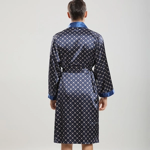 Men's navy blue silk bathrobe with geometric grid pattern and elegant satin trim back view