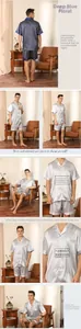 Detailed view of men's silk satin pajamas with geometric prints and premium stitching