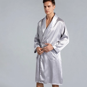 Men's silver silk robe with white lapels and diamond pattern for summer loungewear