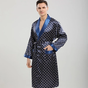Men's silk satin long-sleeve bathrobe set in navy blue with geometric pattern and shawl collar